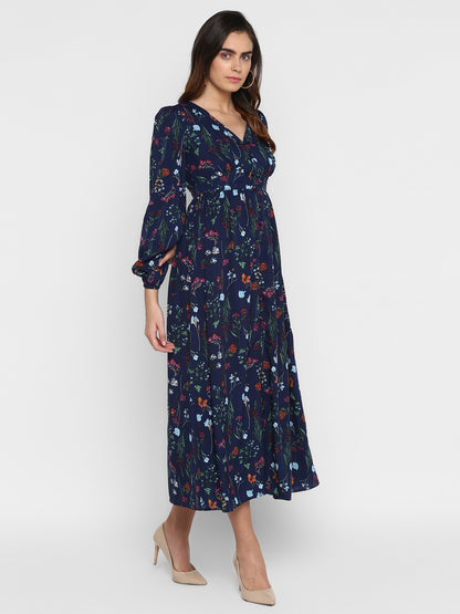 Floral Printed V-Neck Puff Sleeves Gathered  Maxi Dress