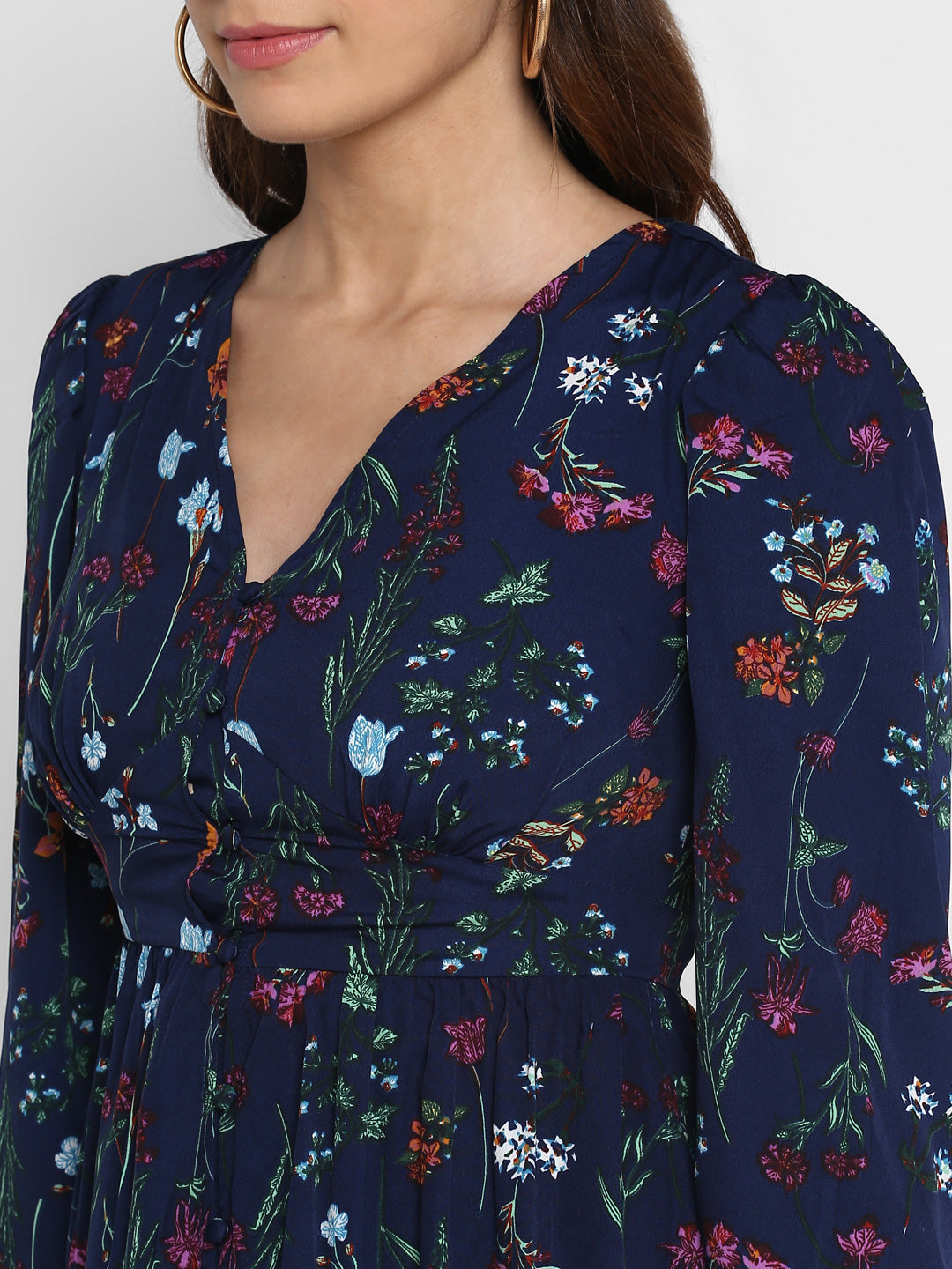 Floral Printed V-Neck Puff Sleeves Gathered  Maxi Dress