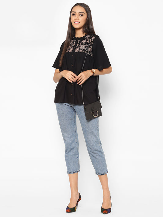 Floral Embroidered Flared Sleeve A-Line Top