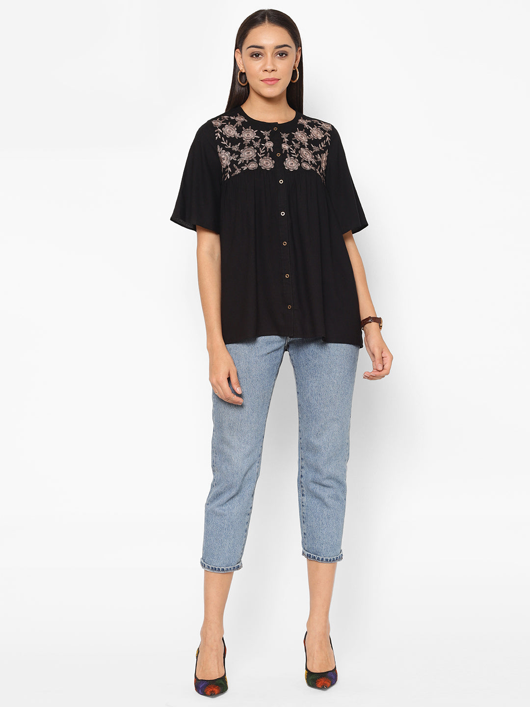 Floral Embroidered Flared Sleeve A-Line Top