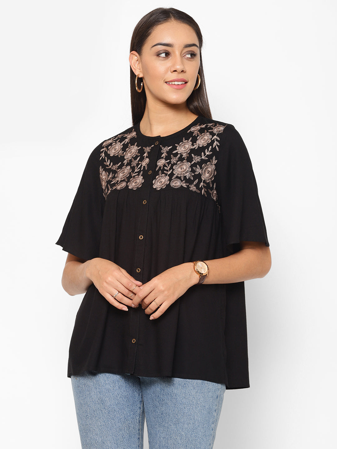 Floral Embroidered Flared Sleeve A-Line Top