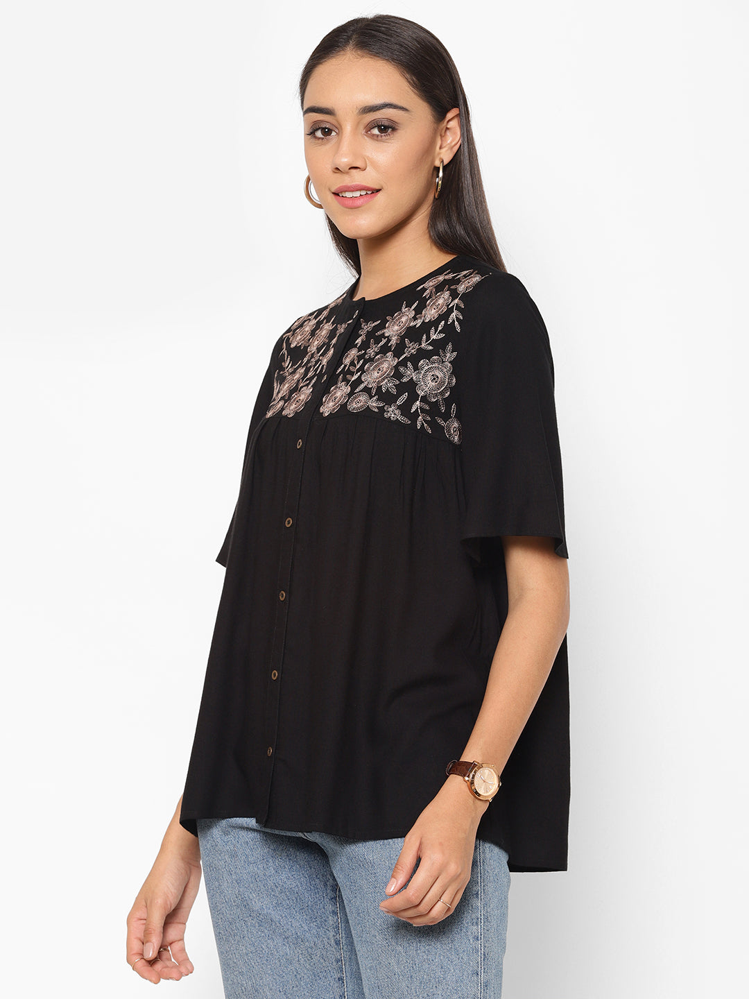 Floral Embroidered Flared Sleeve A-Line Top