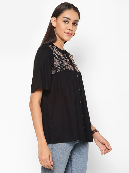 Floral Embroidered Flared Sleeve A-Line Top