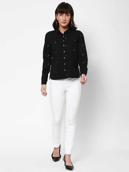 Spread Collar Embroidered Cotton Casual Shirt