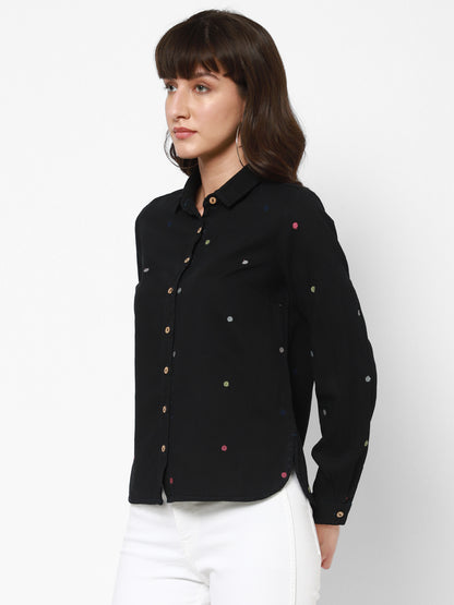 Spread Collar Embroidered Cotton Casual Shirt