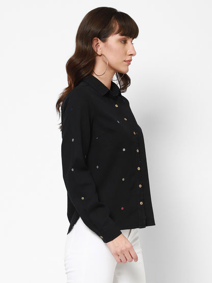 Spread Collar Embroidered Cotton Casual Shirt