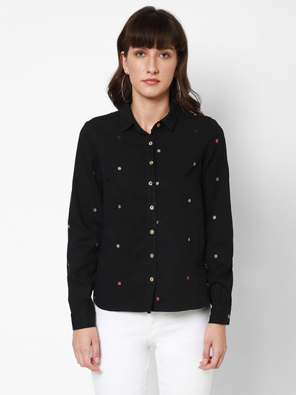 Spread Collar Embroidered Cotton Casual Shirt