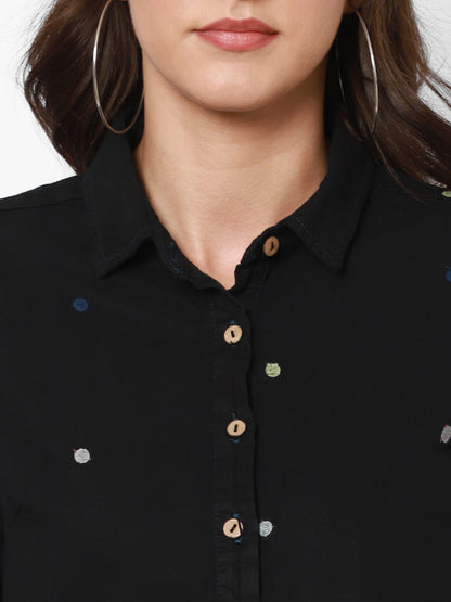 Spread Collar Embroidered Cotton Casual Shirt