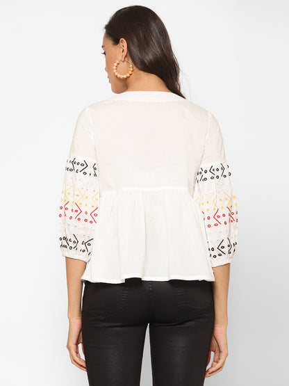 Embroidered Puff Sleeve Pure Cotton Peplum Top