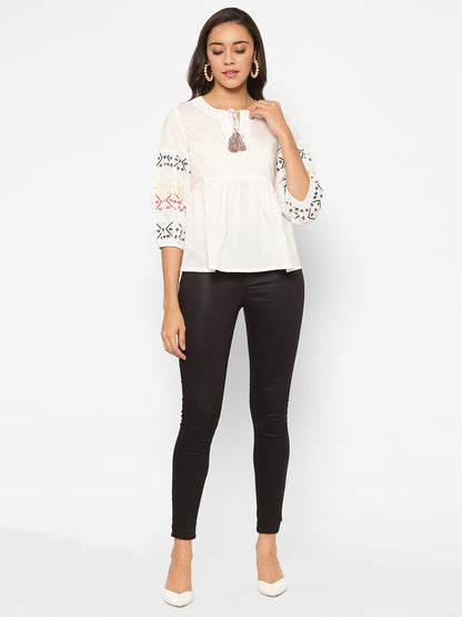 Embroidered Puff Sleeve Pure Cotton Peplum Top