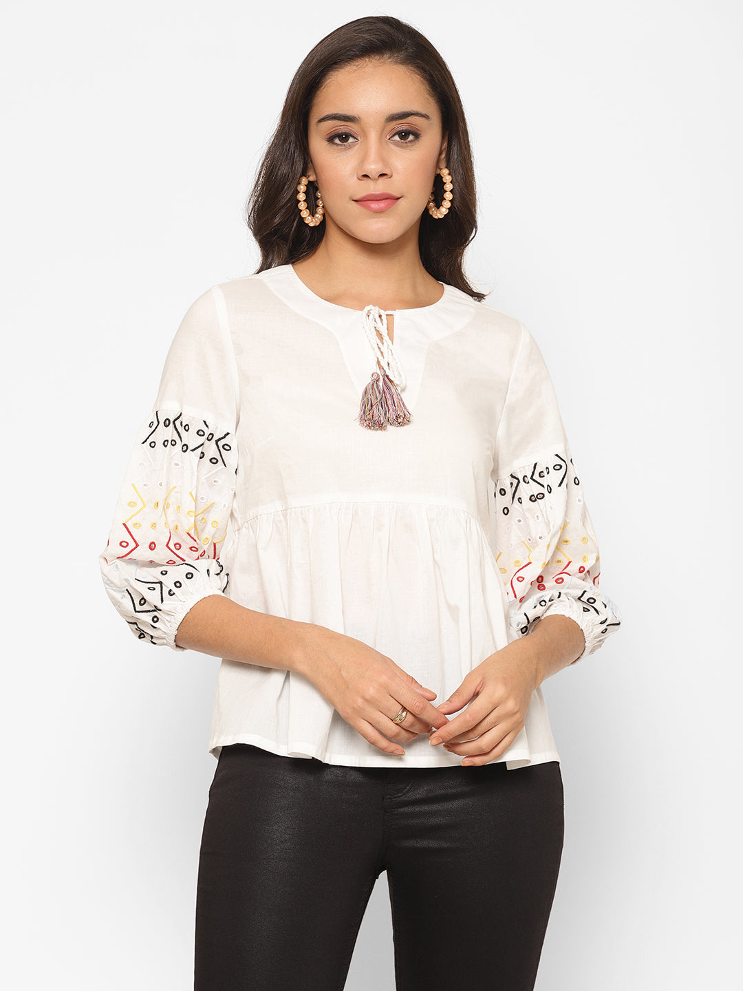 Embroidered Puff Sleeve Pure Cotton Peplum Top