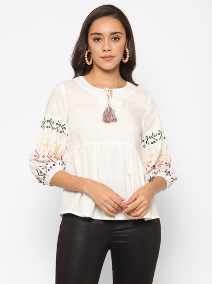 Embroidered Puff Sleeve Pure Cotton Peplum Top