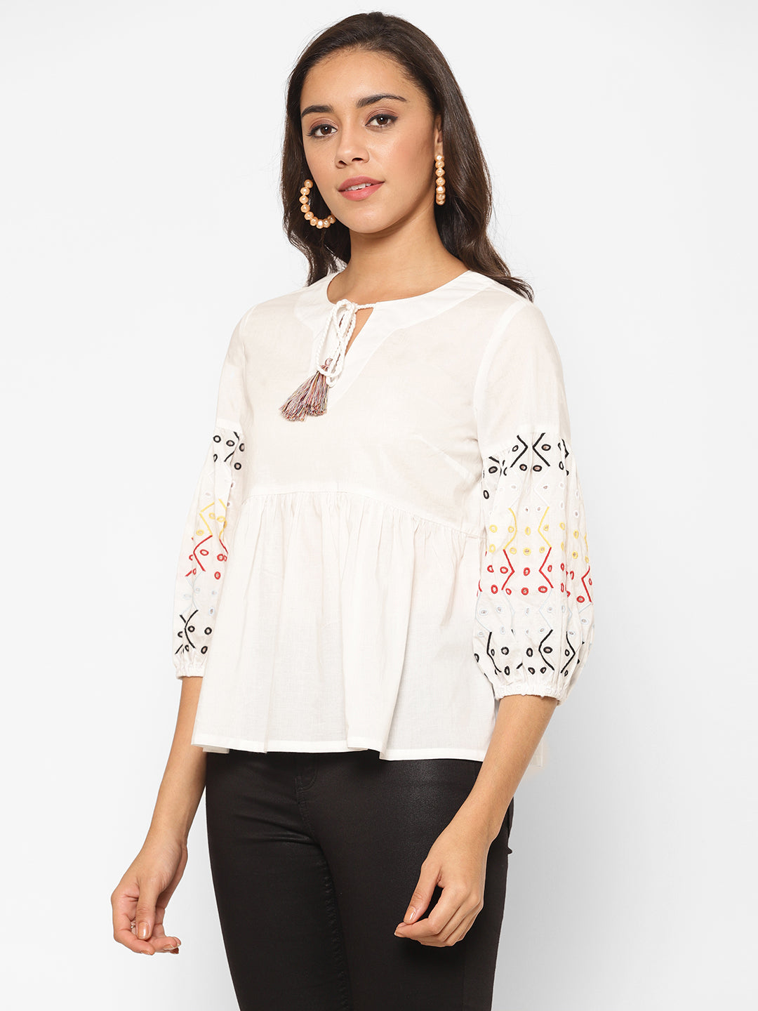 Embroidered Puff Sleeve Pure Cotton Peplum Top