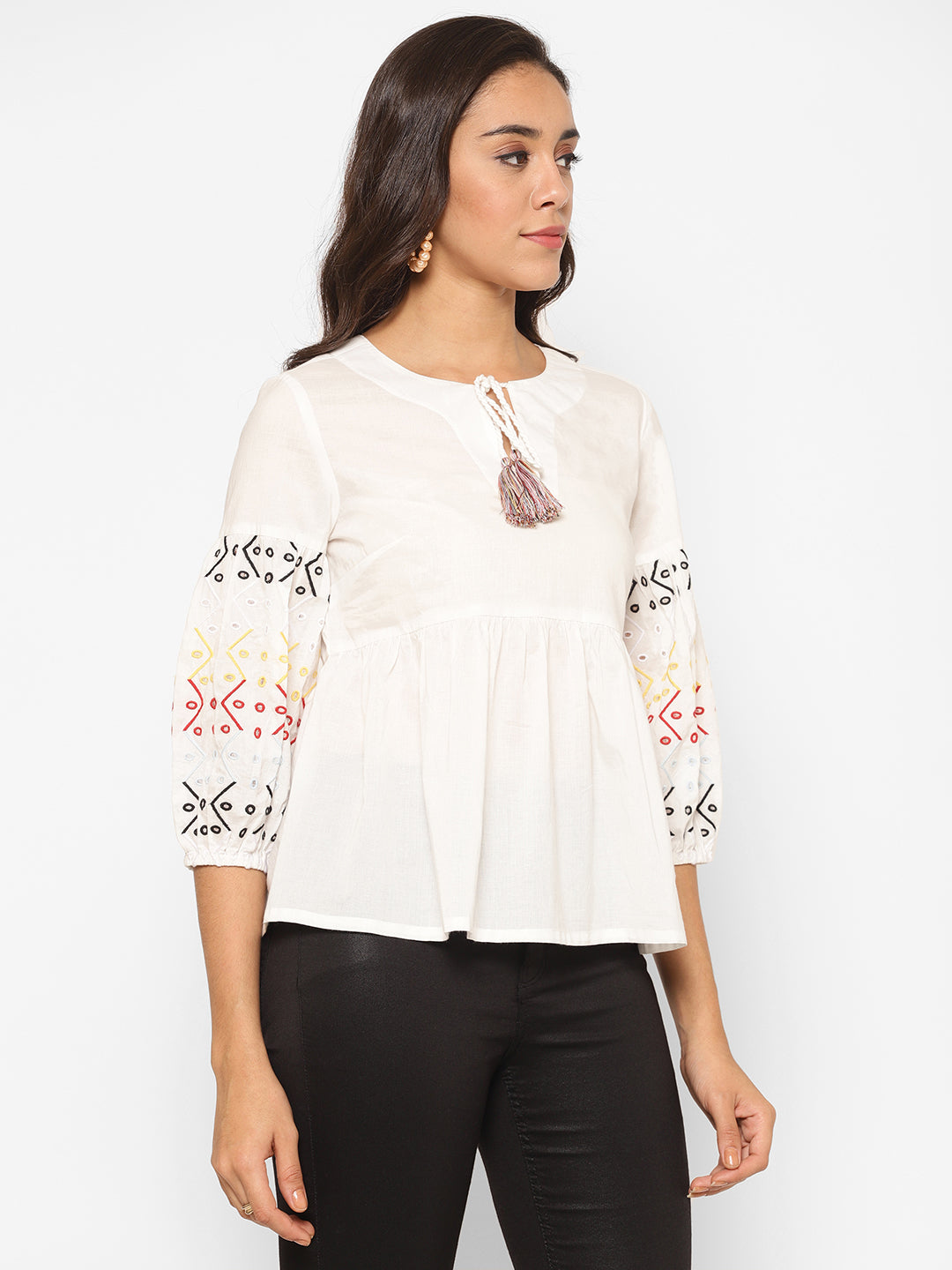 Embroidered Puff Sleeve Pure Cotton Peplum Top