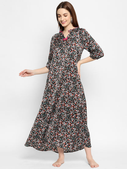 Black & Pink Printed Maxi Nightdress