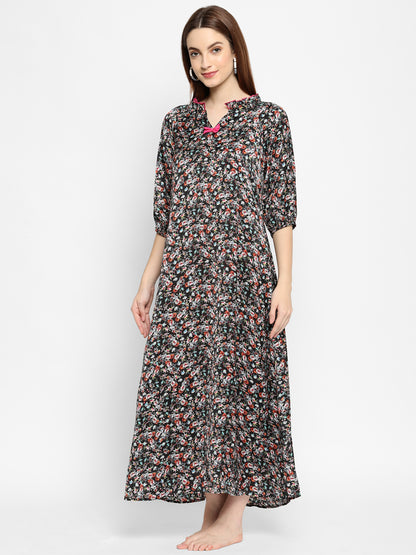 Black & Pink Printed Maxi Nightdress