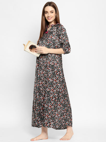 Black & Pink Printed Maxi Nightdress