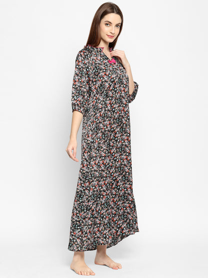 Black & Pink Printed Maxi Nightdress