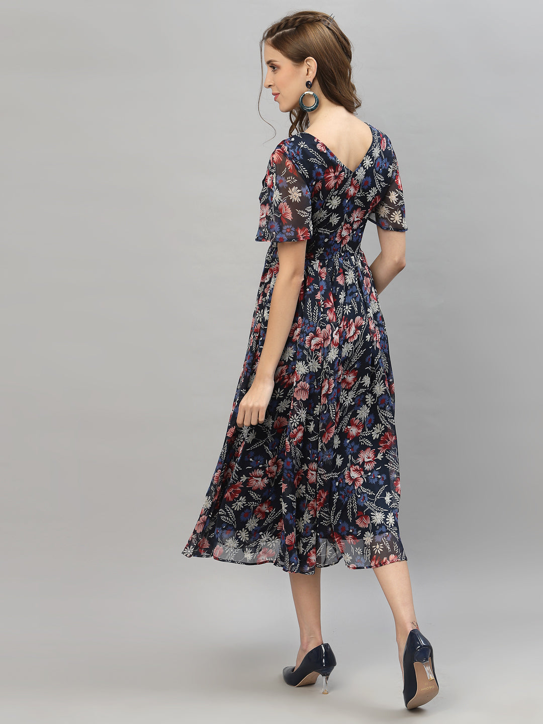 Floral Printed Flared Sleeve Fit & Flare Midi Dress