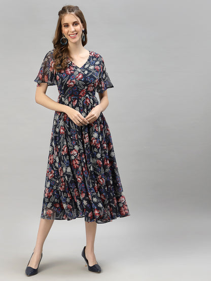 Floral Printed Flared Sleeve Fit & Flare Midi Dress