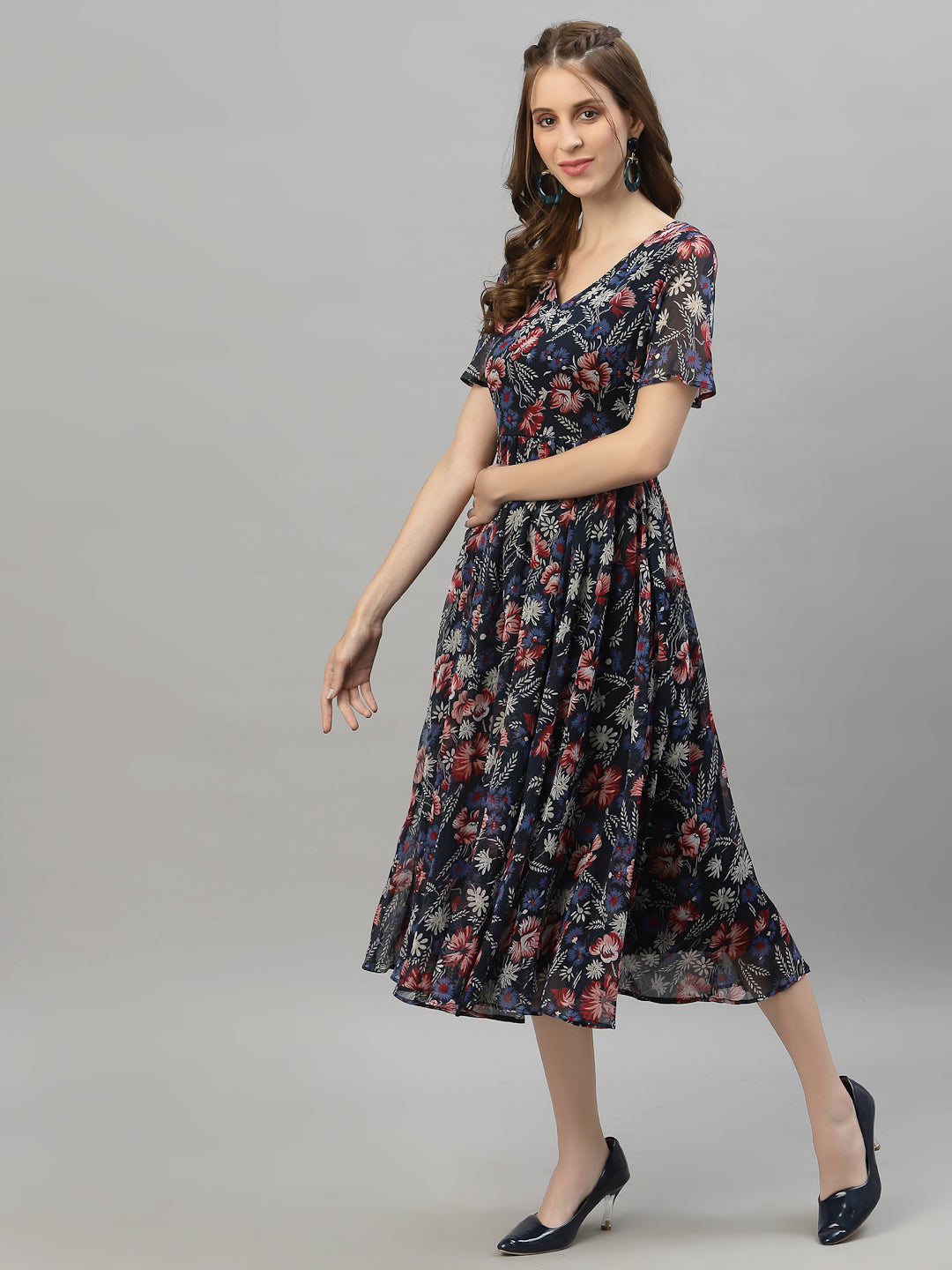 Floral Printed Flared Sleeve Fit & Flare Midi Dress