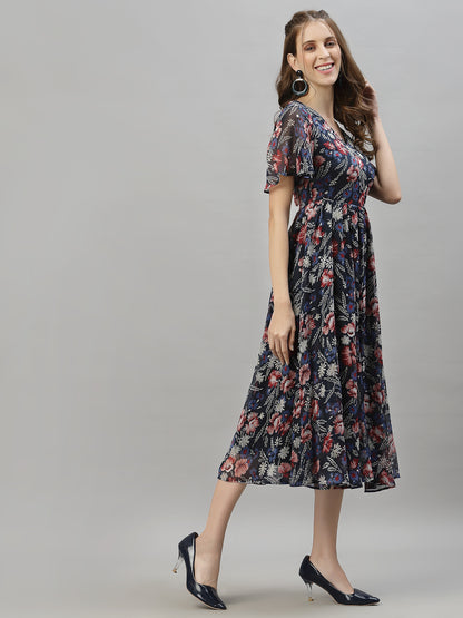 Floral Printed Flared Sleeve Fit & Flare Midi Dress