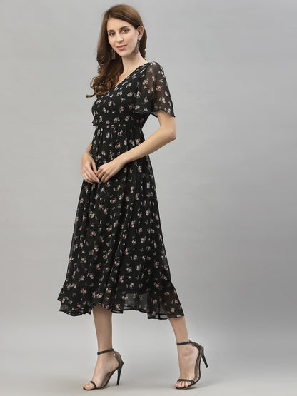 Floral Printed Flared Sleeve Fit & Flare Midi Dress