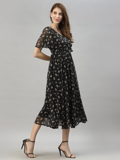 Floral Printed Flared Sleeve Fit & Flare Midi Dress