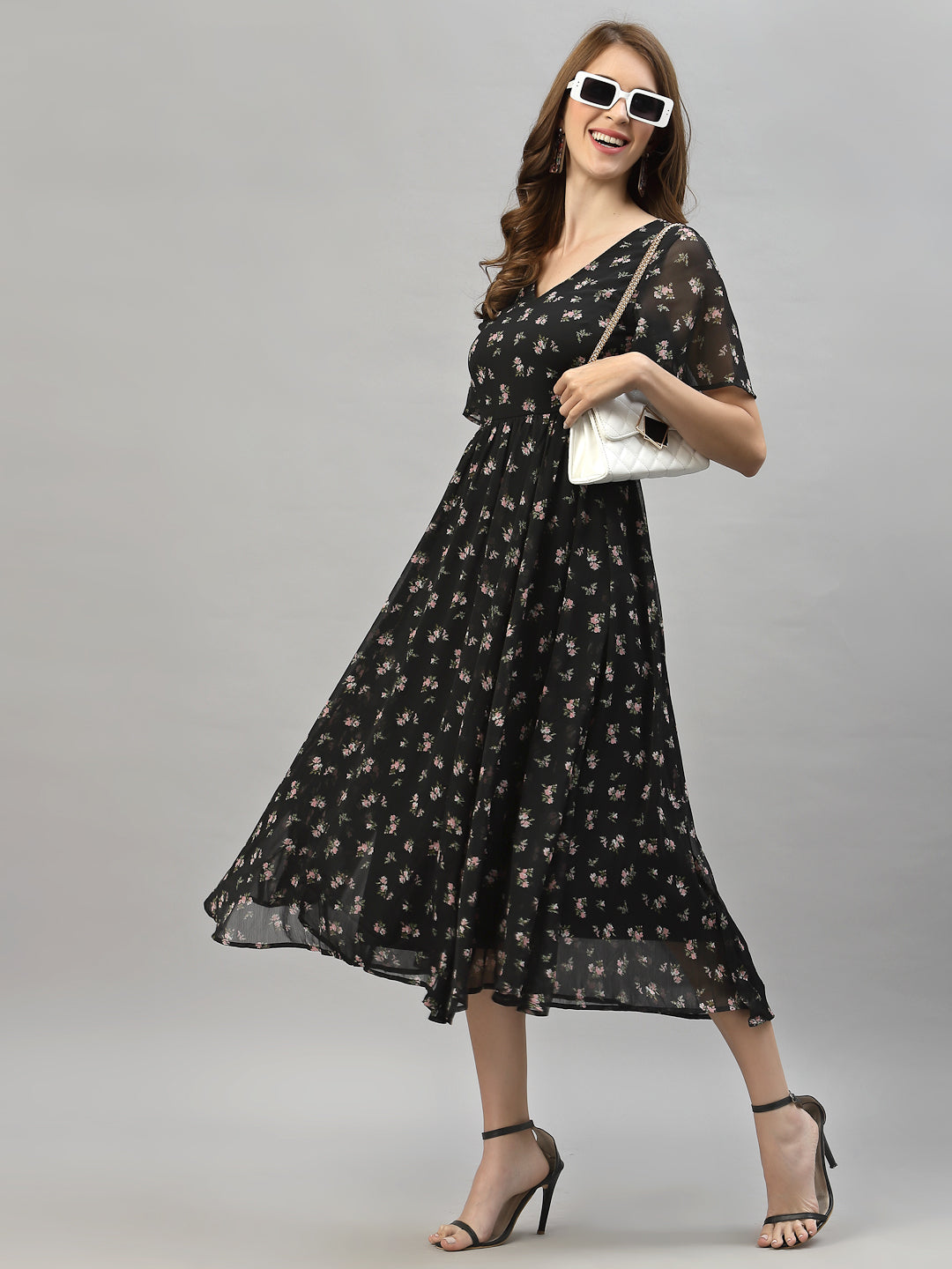 Floral Printed Flared Sleeve Fit & Flare Midi Dress