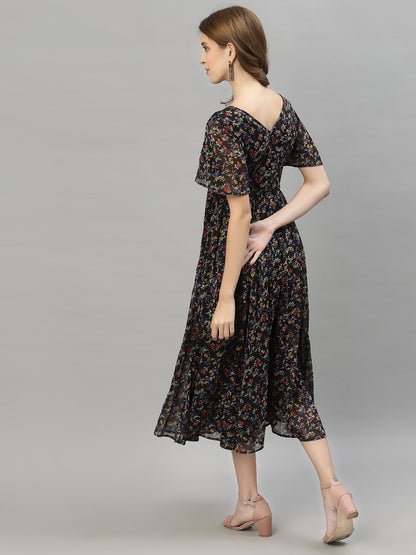 Floral Printed Flared Sleeve Fit & Flare Midi Dress