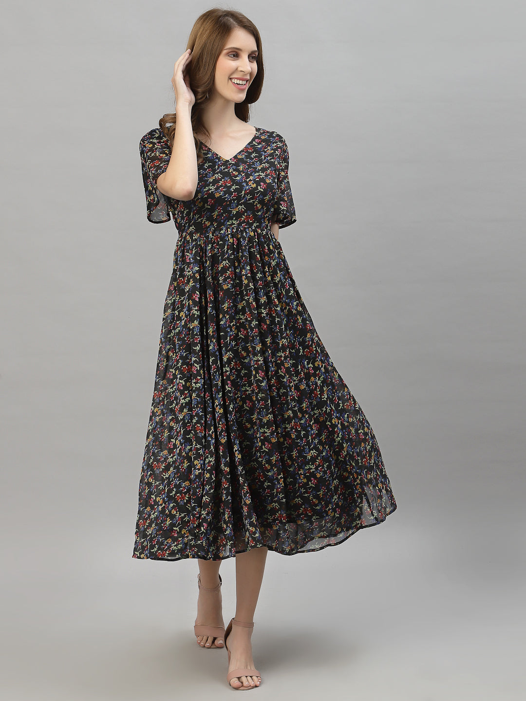 Floral Printed Flared Sleeve Fit & Flare Midi Dress