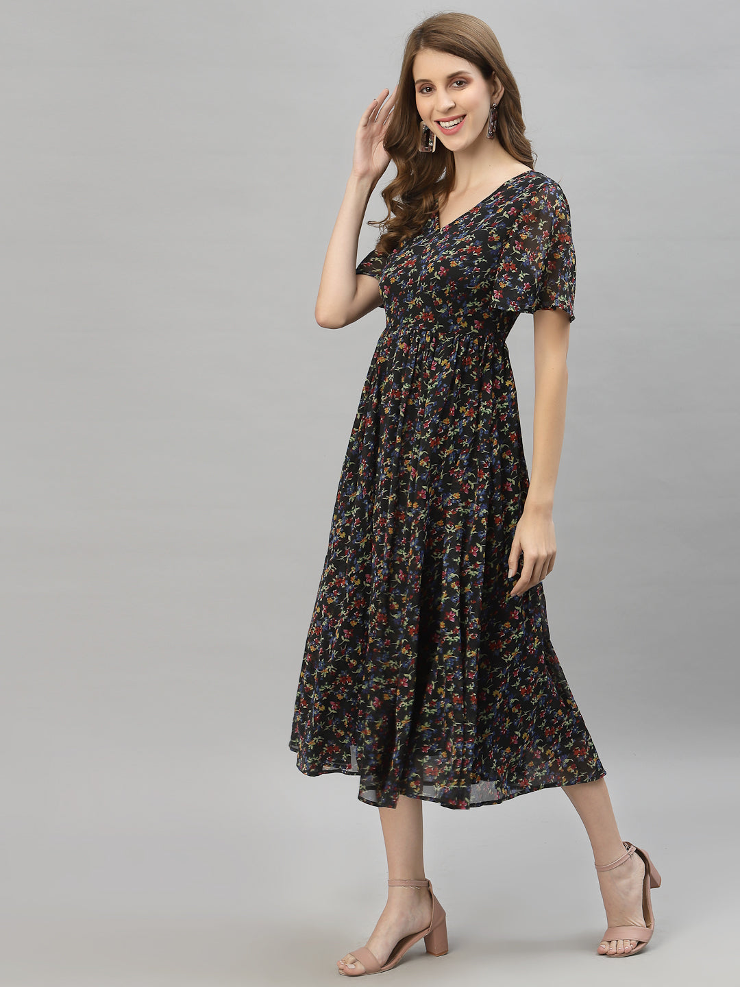 Floral Printed Flared Sleeve Fit & Flare Midi Dress