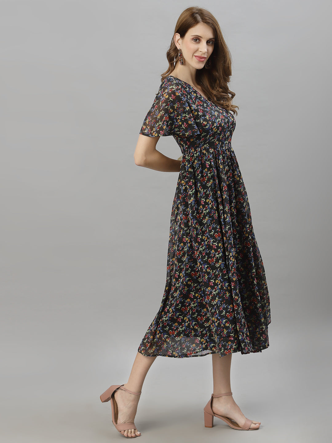 Floral Printed Flared Sleeve Fit & Flare Midi Dress