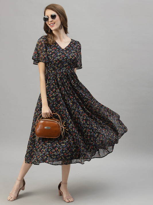 Floral Printed Flared Sleeve Fit & Flare Midi Dress