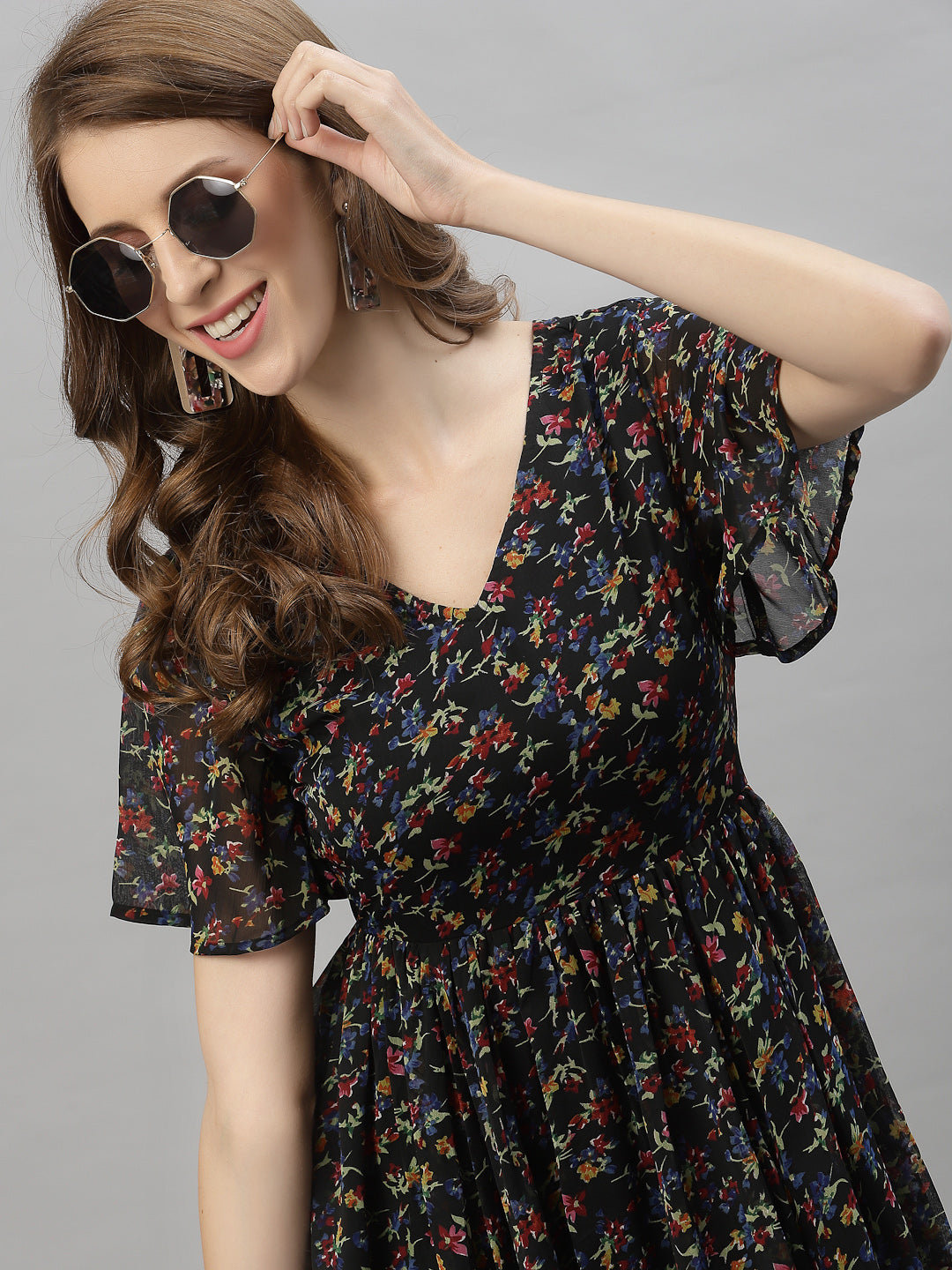 Floral Printed Flared Sleeve Fit & Flare Midi Dress