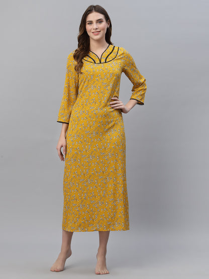 Mustard Printed Maxi Nightdress