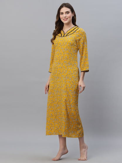 Mustard Printed Maxi Nightdress