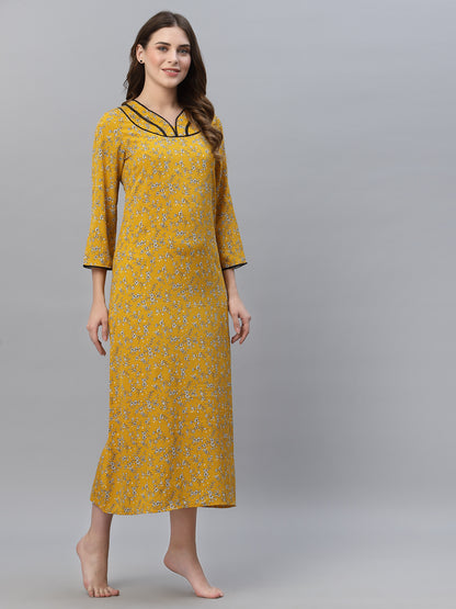 Mustard Printed Maxi Nightdress