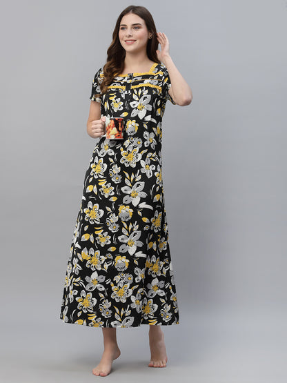 Black Printed Satin Maxi Nightdress