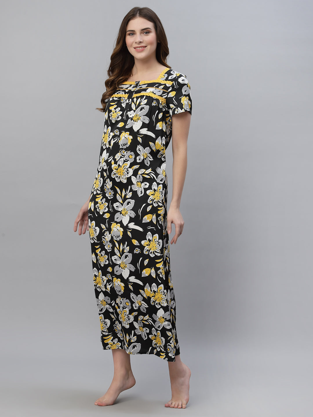 Black Printed Satin Maxi Nightdress