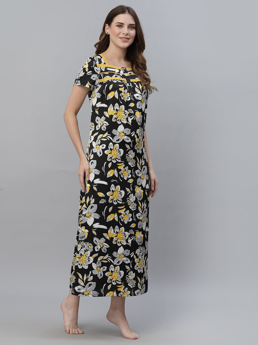 Black Printed Satin Maxi Nightdress