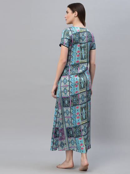 Women Blue Printed Maxi Nightdress