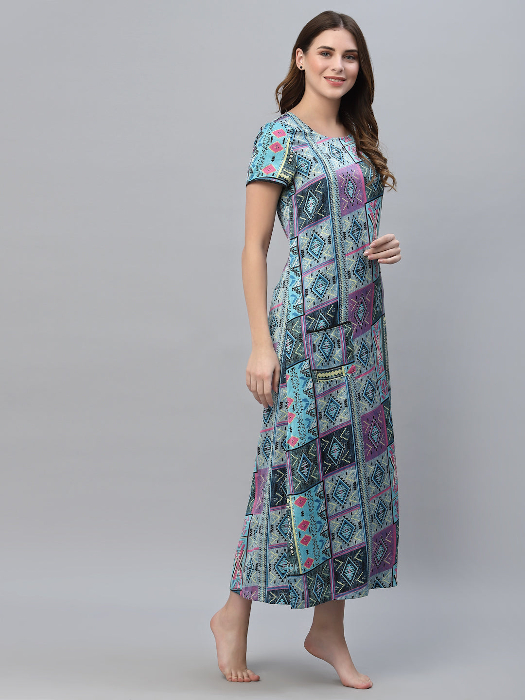 Women Blue Printed Maxi Nightdress