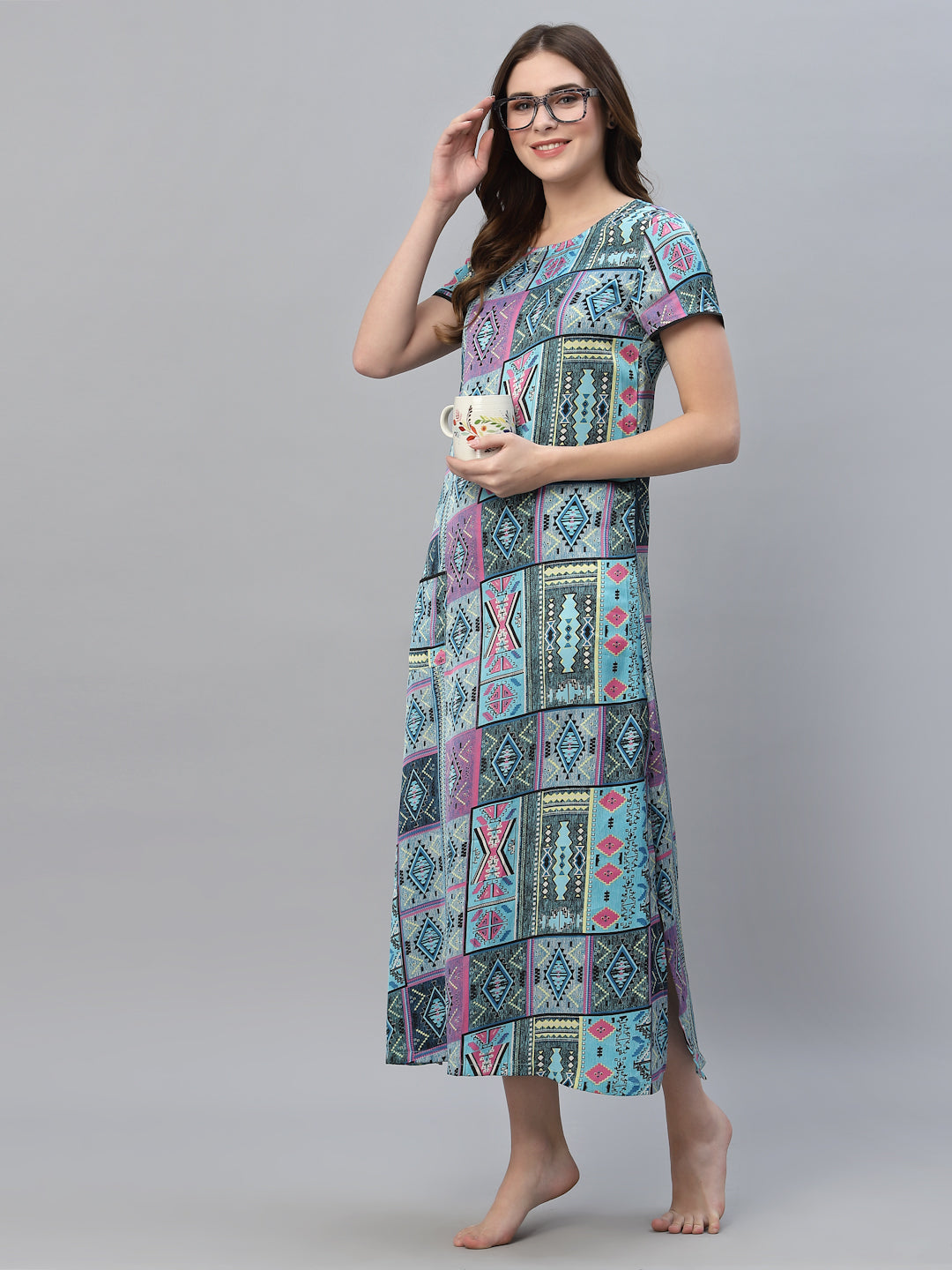 Women Blue Printed Maxi Nightdress