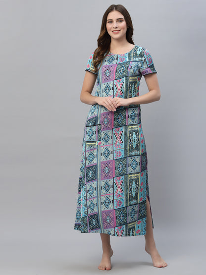 Women Blue Printed Maxi Nightdress