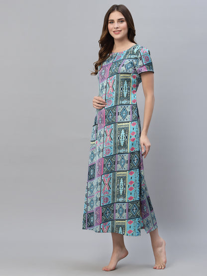 Women Blue Printed Maxi Nightdress