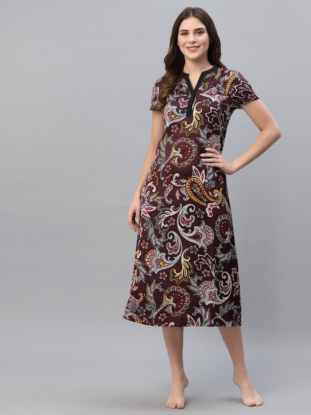 Women Maroon Printed Nightdress