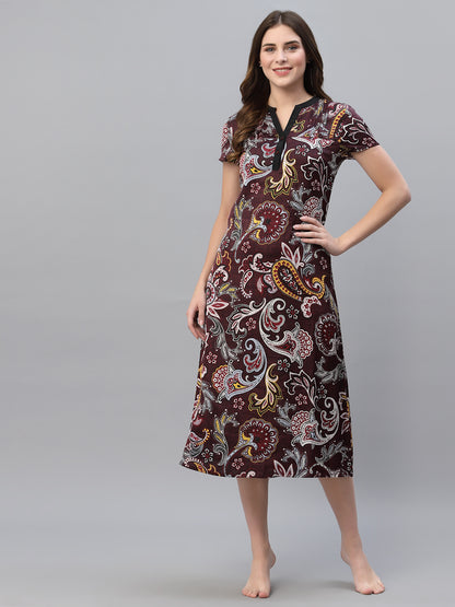 Women Maroon Printed Nightdress