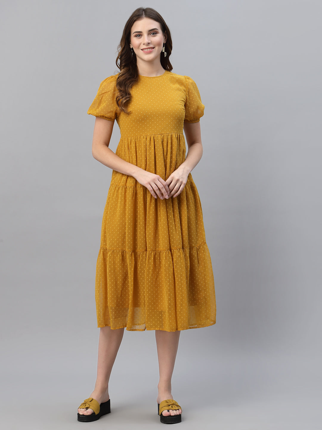 Self Design Gathered Tiered Georgette Fit & Flare Midi Dress