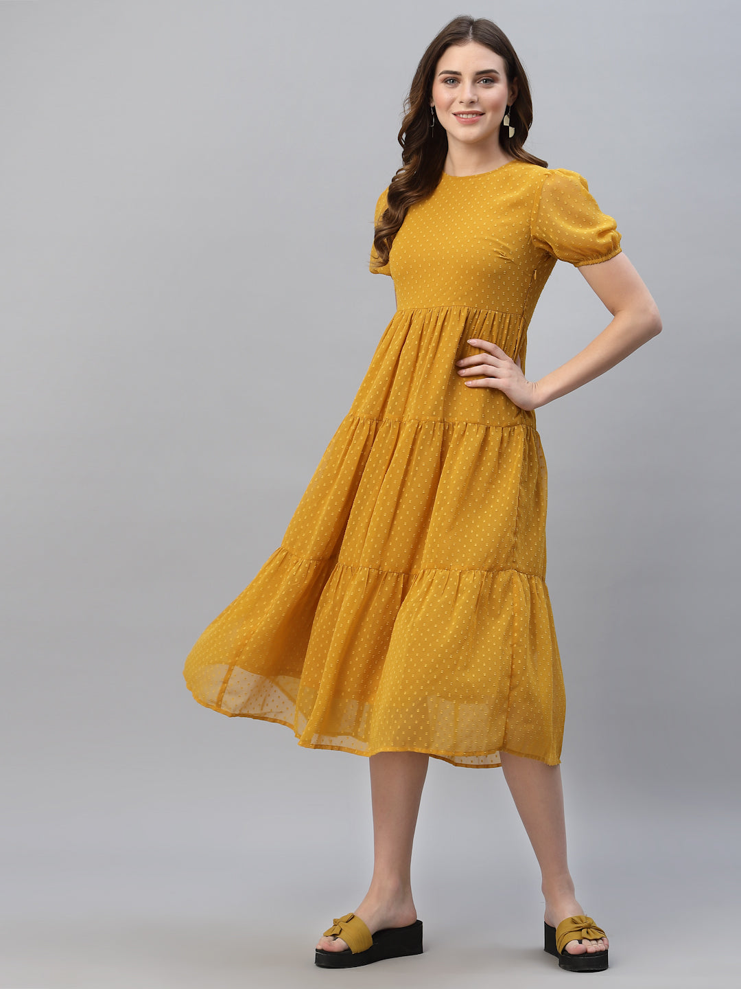 Self Design Gathered Tiered Georgette Fit & Flare Midi Dress